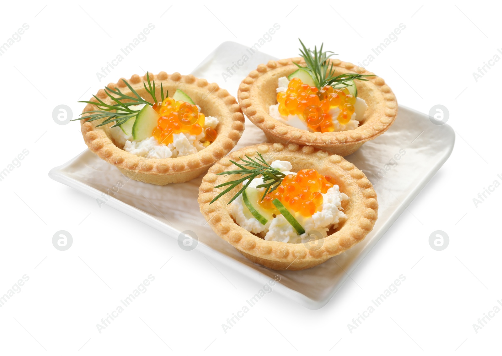 Photo of Delicious canapes with red caviar isolated on white