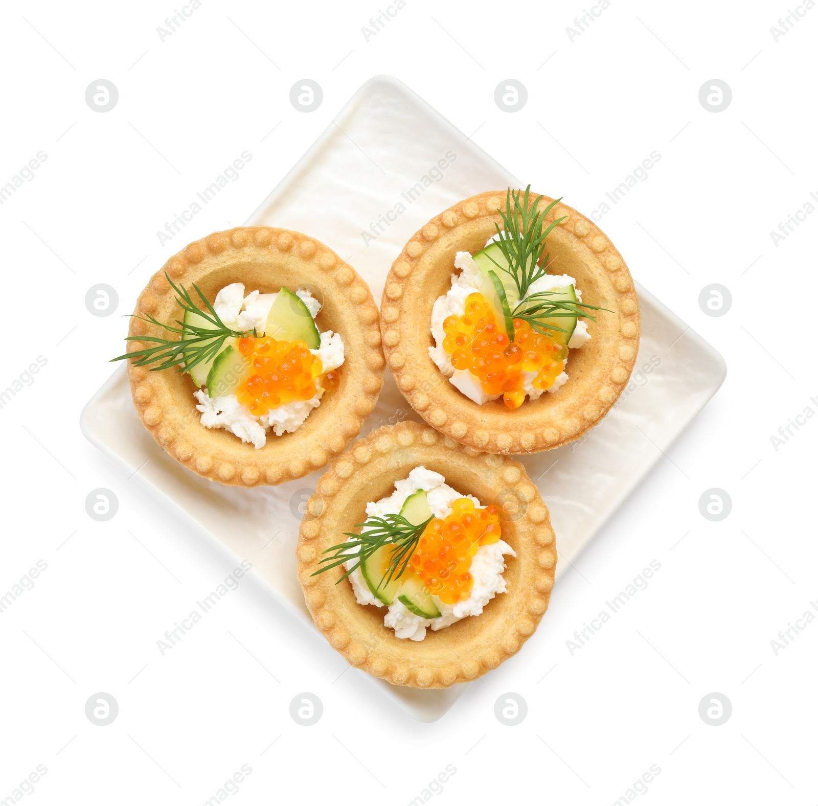 Photo of Delicious canapes with red caviar isolated on white, top view