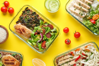 Healthy diet. Different meals in glass containers and ingredients on yellow background, flat lay