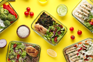 Healthy diet. Different meals in glass containers and ingredients on yellow background, flat lay
