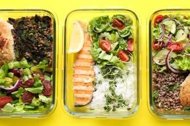 Healthy food. Different meals in glass containers on yellow background, flat lay