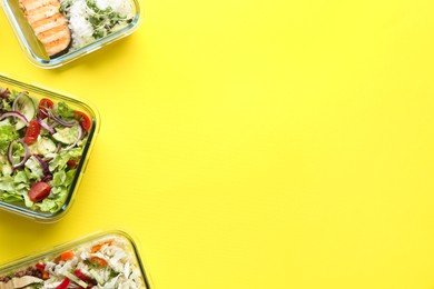 Photo of Healthy food. Different meals in glass containers on yellow background, flat lay. Space for text