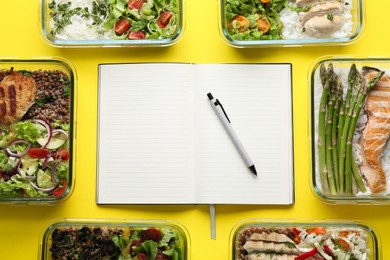 Healthy food. Different meals in glass containers, open notebook and pen on yellow background, flat lay