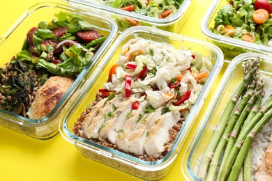 Photo of Healthy food. Different meals in glass containers on yellow background
