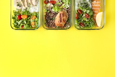 Healthy food. Different meals in glass containers on yellow background, flat lay. Space for text