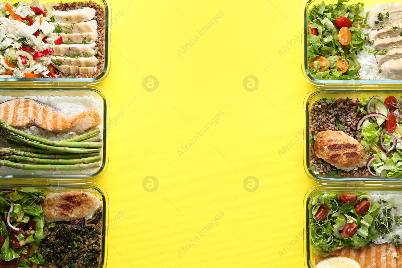 Photo of Healthy food. Different meals in glass containers on yellow background, flat lay. Space for text