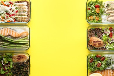 Photo of Healthy food. Different meals in glass containers on yellow background, flat lay. Space for text