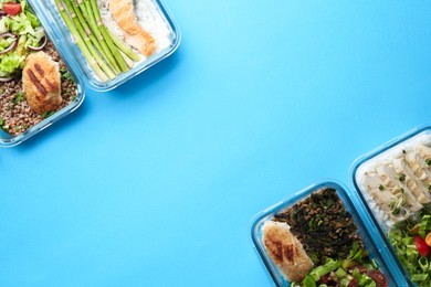 Healthy food. Different meals in glass containers on light blue background, flat lay. Space for text