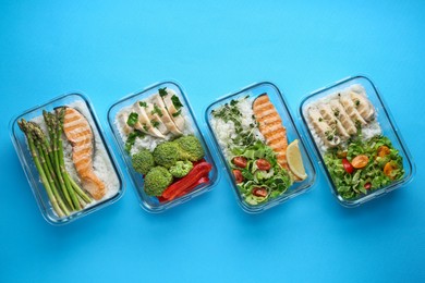 Healthy food. Different meals in glass containers on light blue background, flat lay