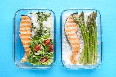 Healthy food. Different meals in glass containers on light blue background, top view