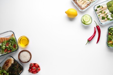 Healthy diet. Different meals in glass containers and ingredients on white background, flat lay. Space for text
