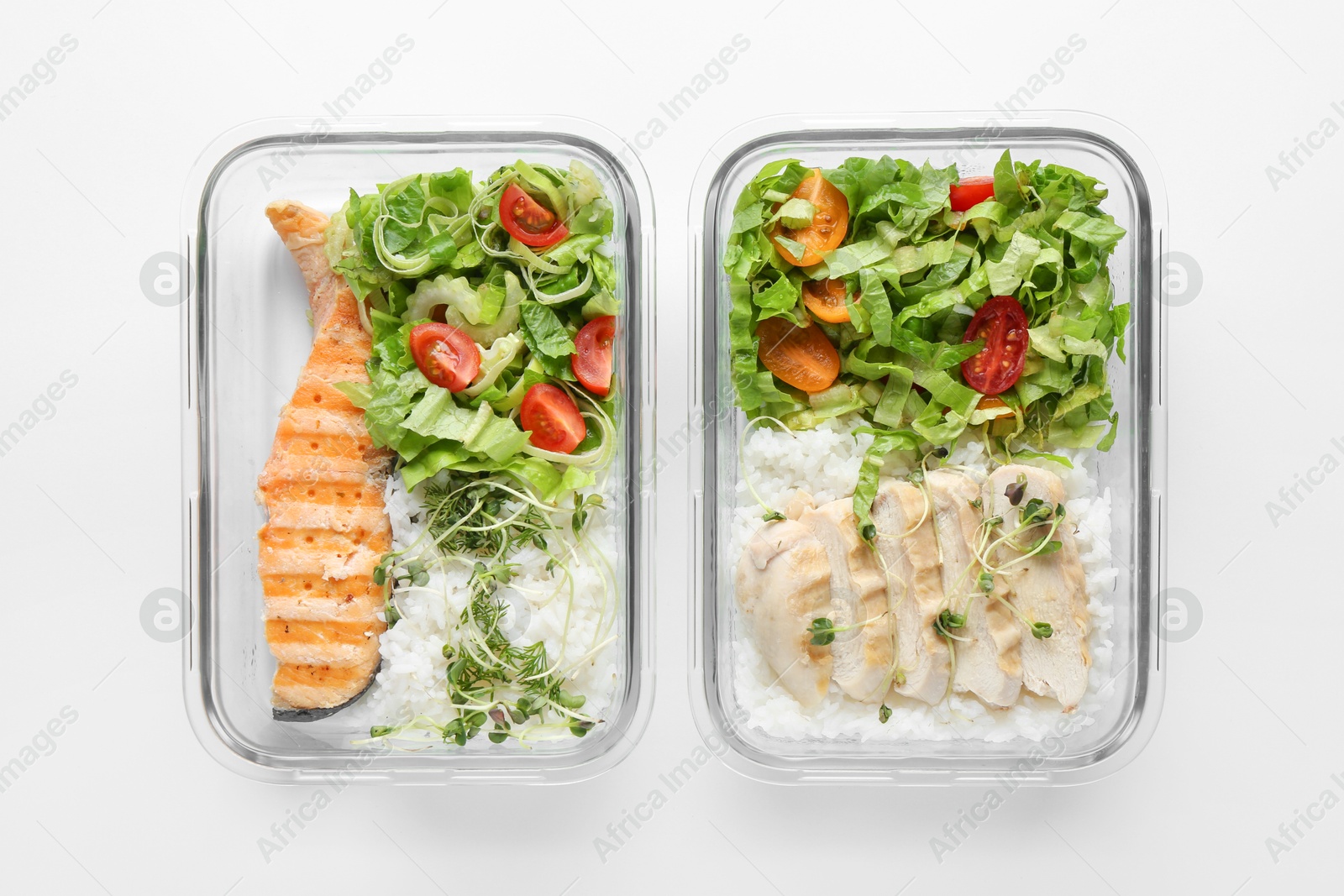 Photo of Healthy food. Different meals in glass containers on white background, top view