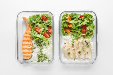 Healthy food. Different meals in glass containers on white background, top view