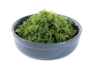 Photo of Fresh green dill in bowl isolated on white