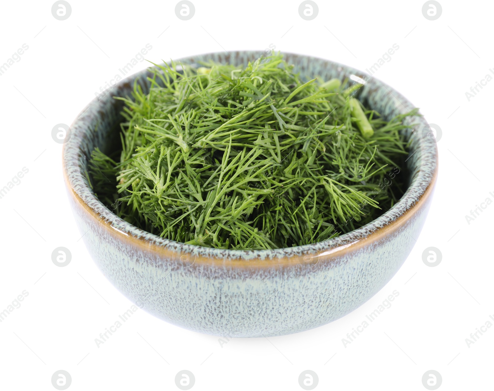 Photo of Fresh green dill in bowl isolated on white