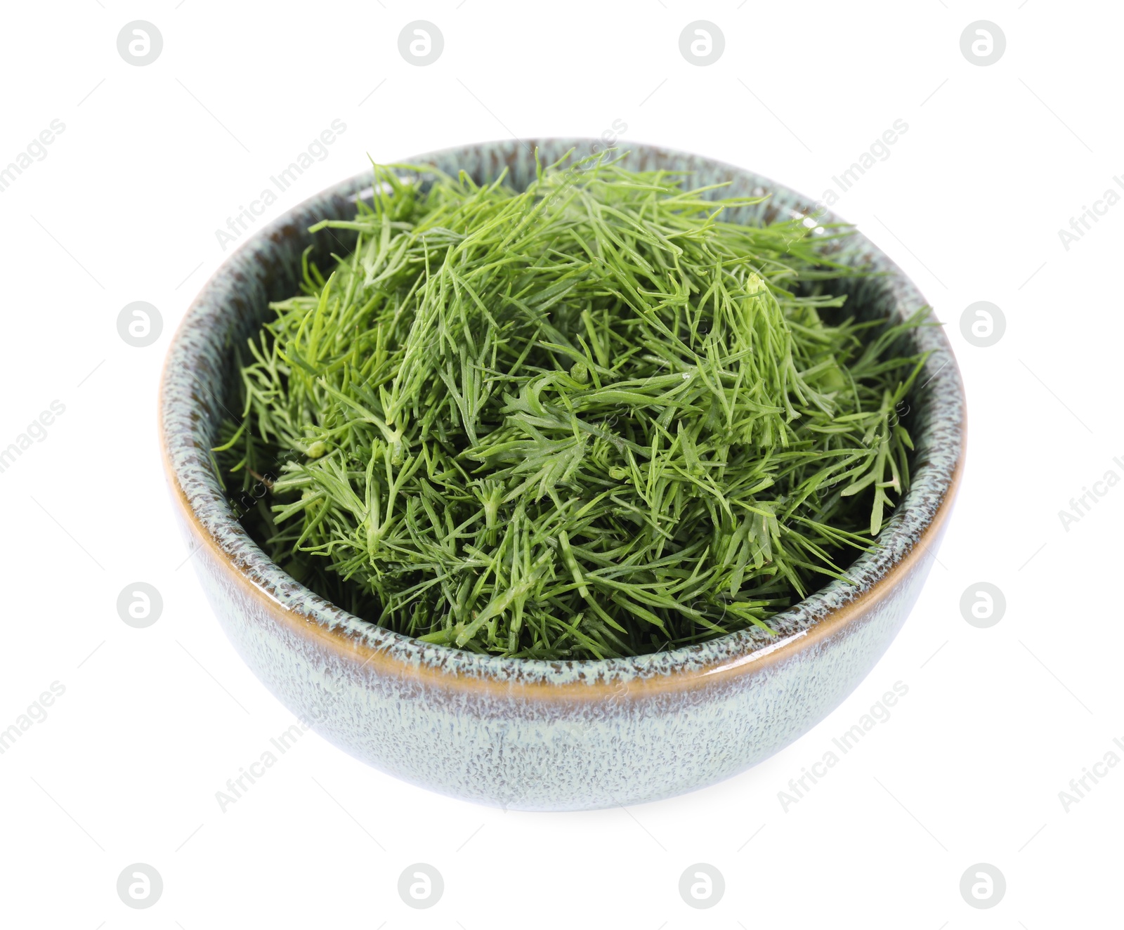 Photo of Fresh green dill in bowl isolated on white