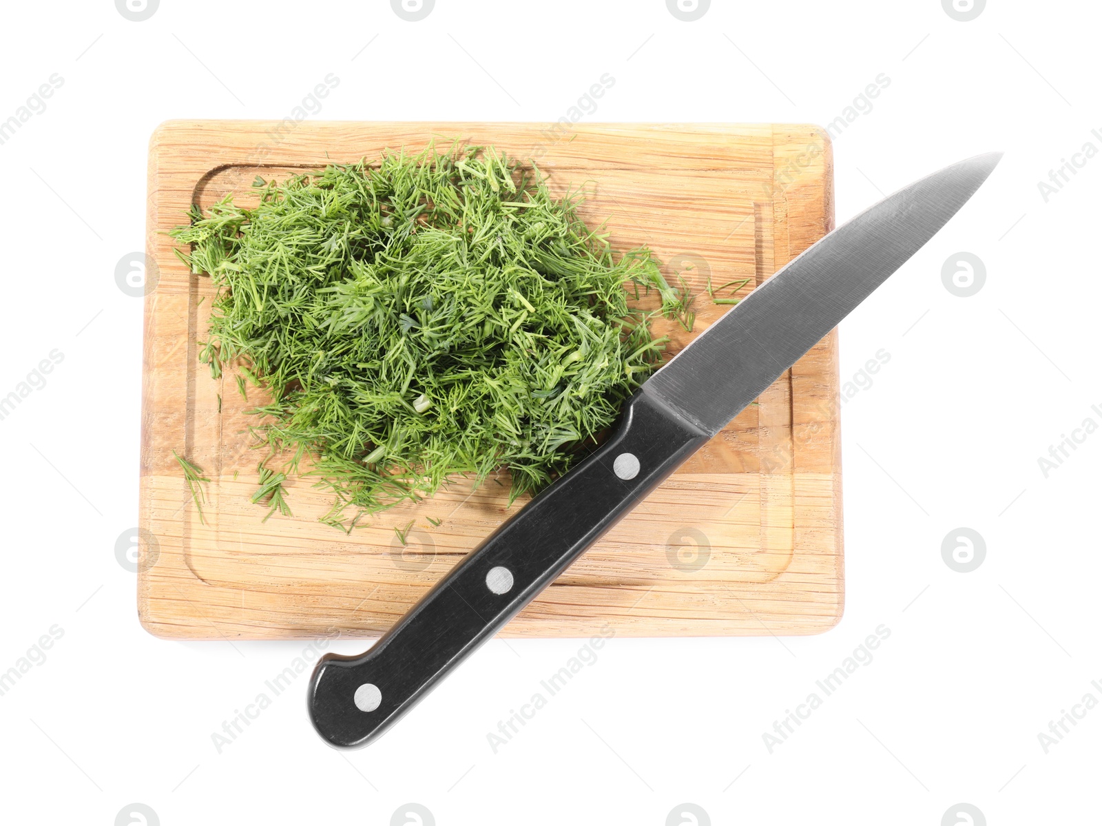 Photo of Cut fresh green dill and knife isolated on white, top view