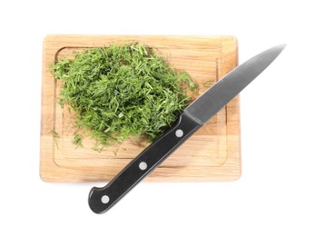 Photo of Cut fresh green dill and knife isolated on white, top view