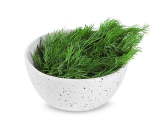 Photo of Sprigs of fresh green dill in bowl isolated on white