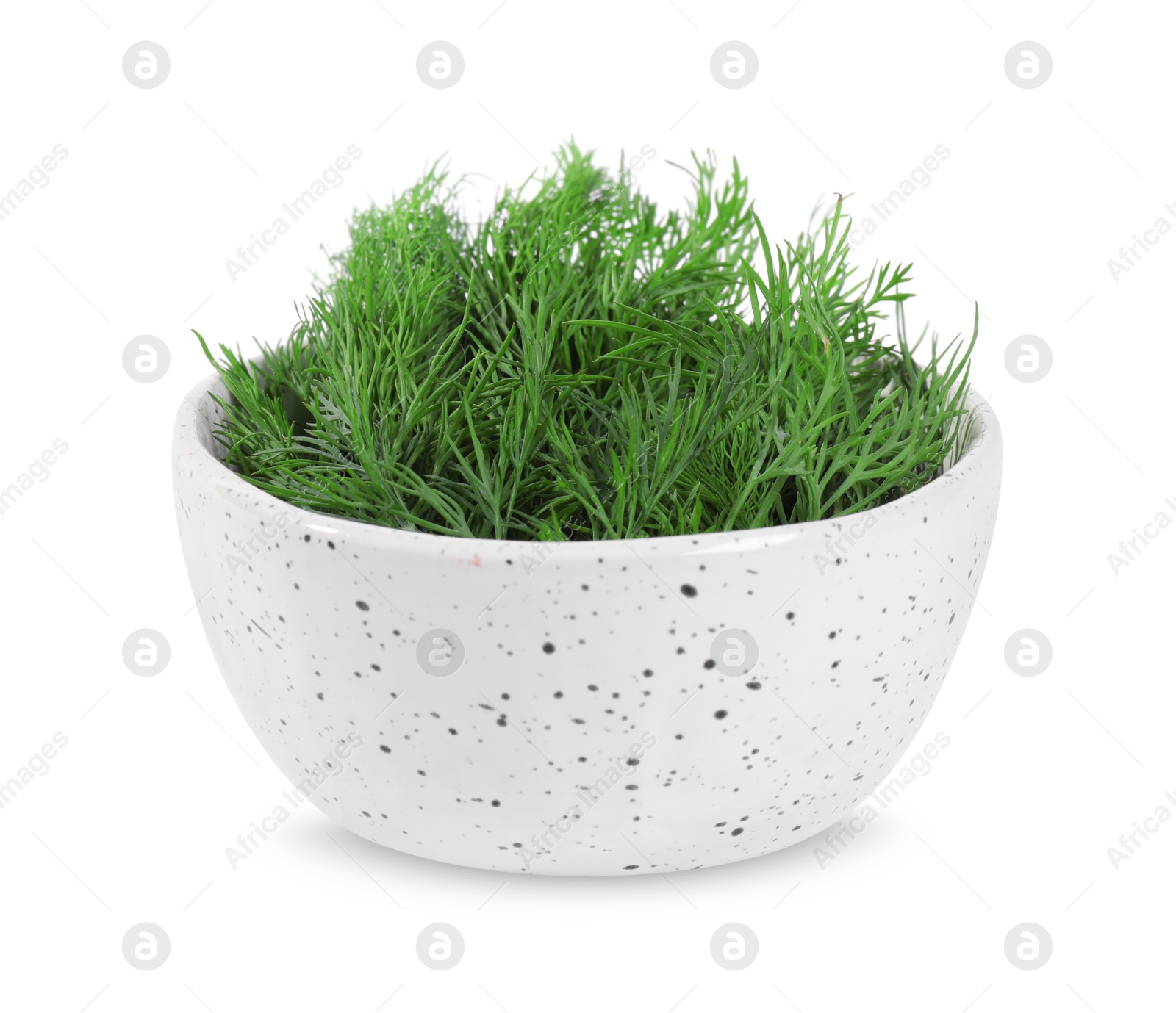 Photo of Sprigs of fresh green dill in bowl isolated on white