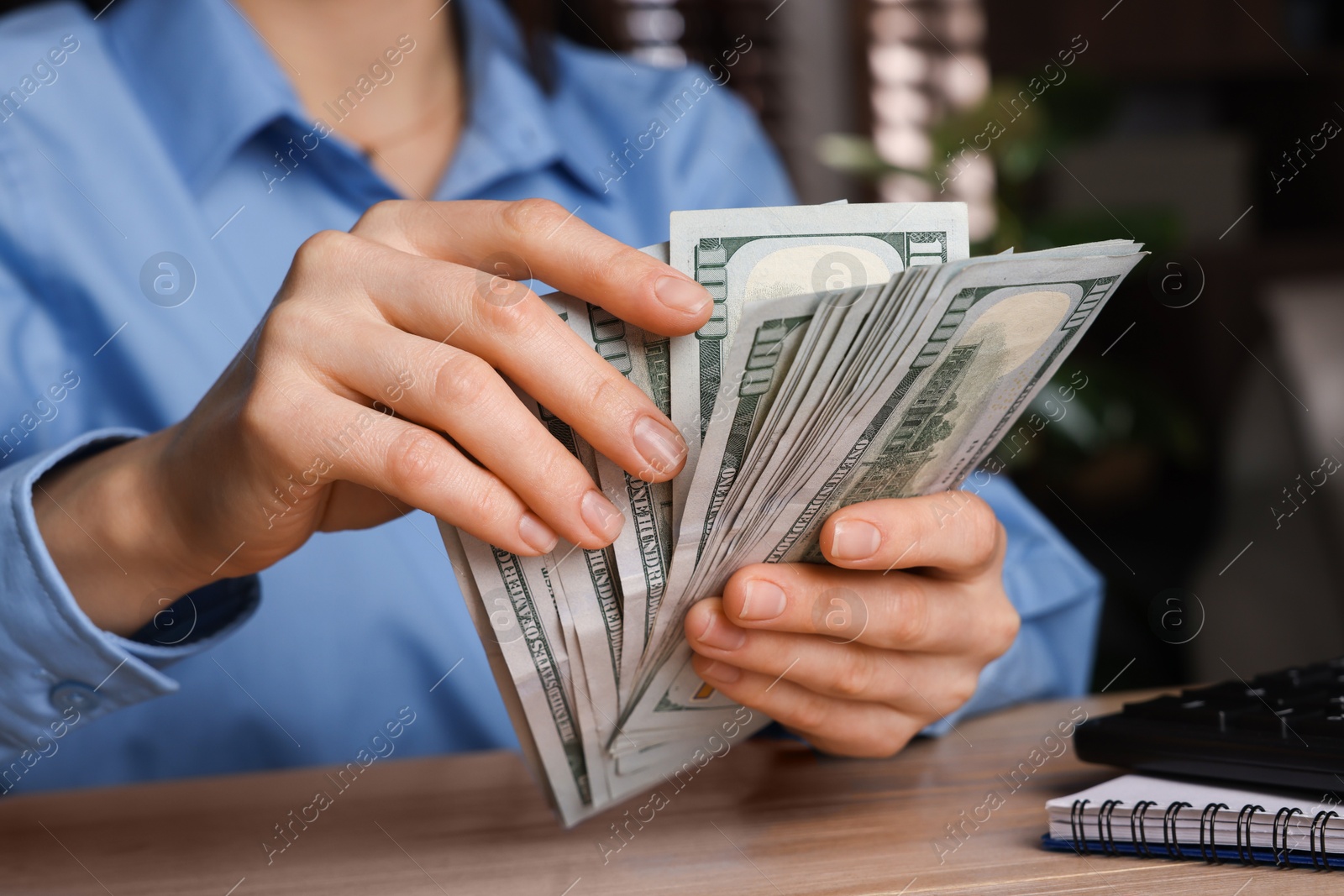 Photo of Money exchange. Woman counting dollar banknotes at wooden table, closeup