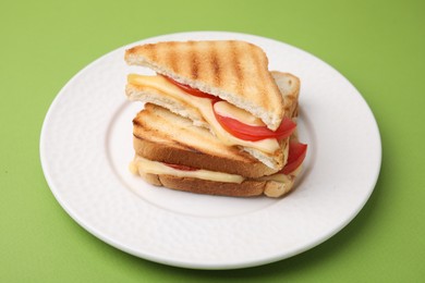 Photo of Pieces of toasted bread with melted cheese and tomato on green table, closeup