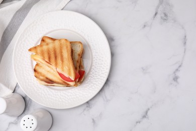 Pieces of toasted bread with melted cheese, tomato and spices on light marble table, flat lay. Space for text