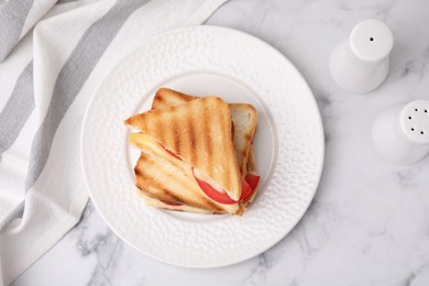 Pieces of toasted bread with melted cheese, tomato and spices on light marble table, flat lay