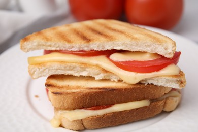 Photo of Pieces of toasted bread with melted cheese and tomato on table, closeup