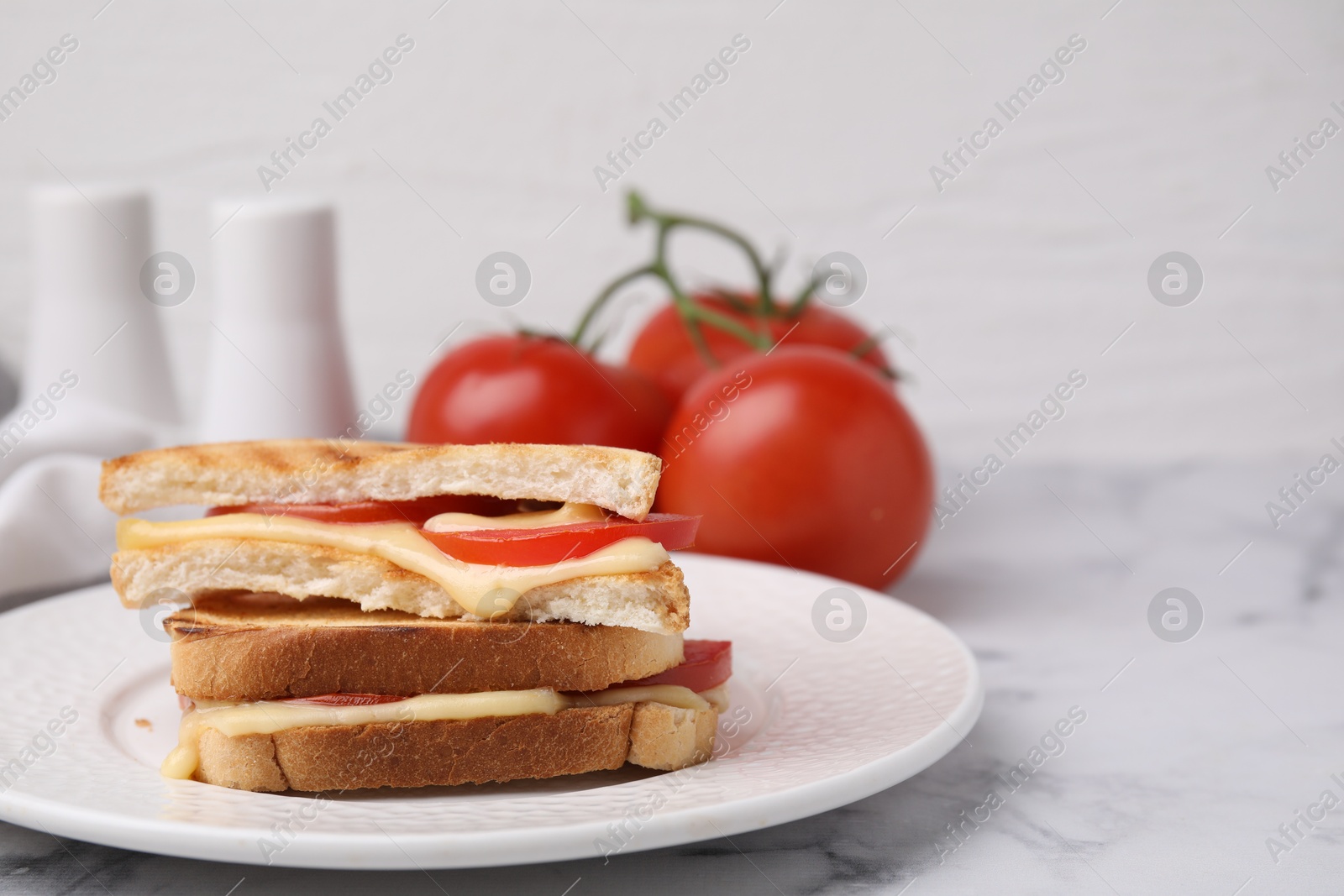 Photo of Pieces of toasted bread with melted cheese and tomato on light marble table, closeup. Space for text