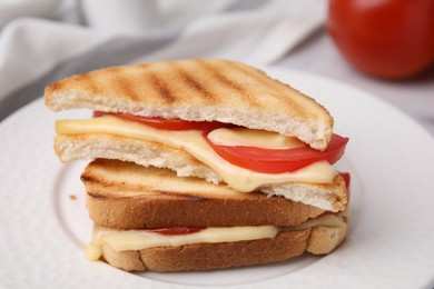 Photo of Pieces of toasted bread with melted cheese and tomato on table, closeup