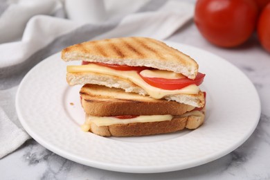 Photo of Pieces of toasted bread with melted cheese and tomato on light marble table, closeup