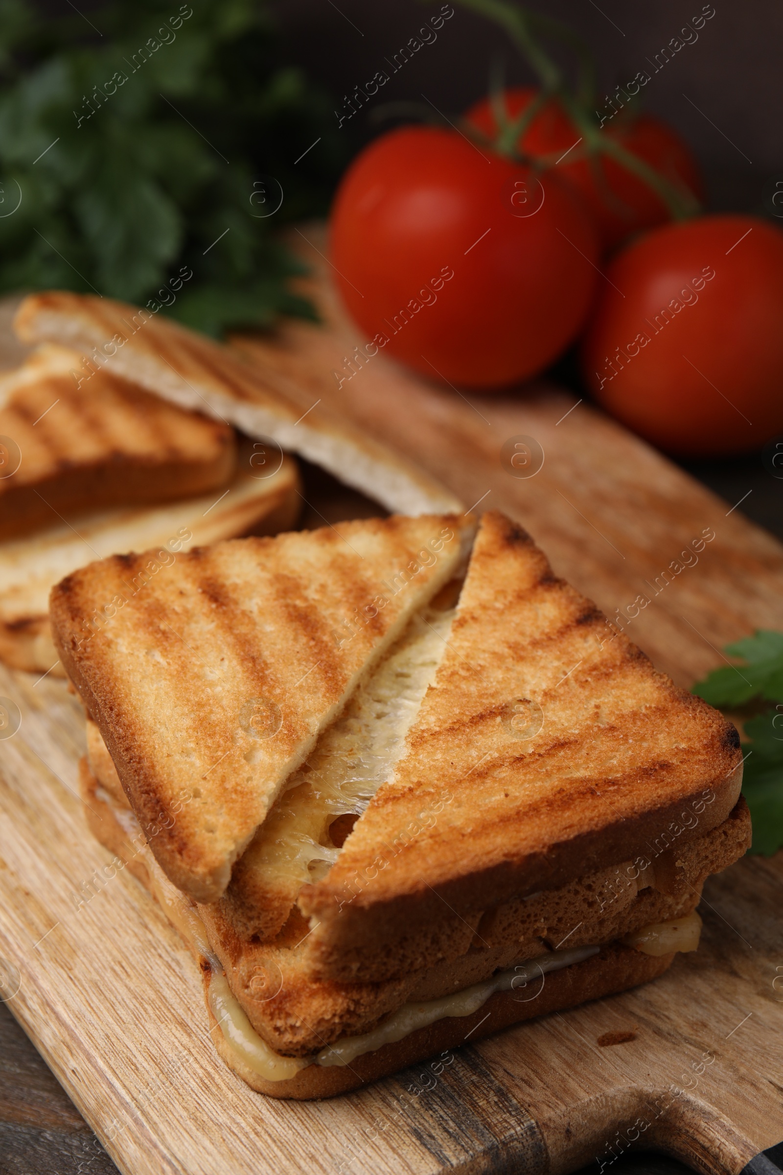 Photo of Pieces of toasted bread with melted cheese and tomatoes on table, closeup