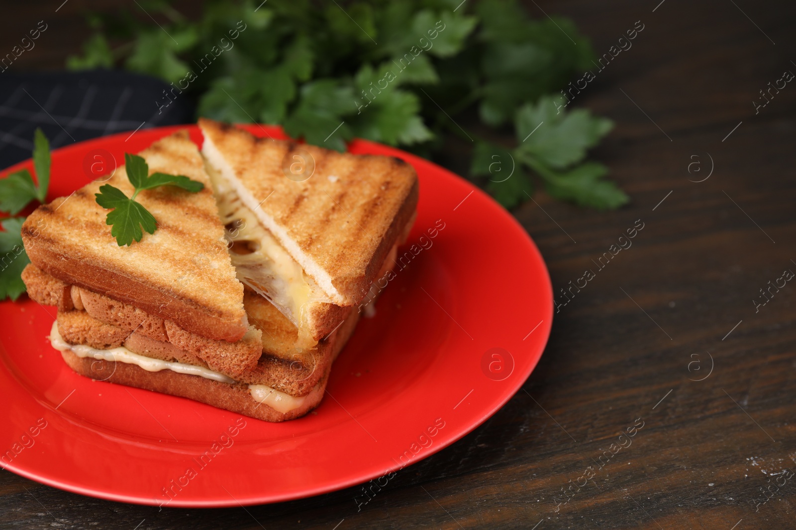 Photo of Pieces of toasted bread with melted cheese and parsley on wooden table, closeup. Space for text