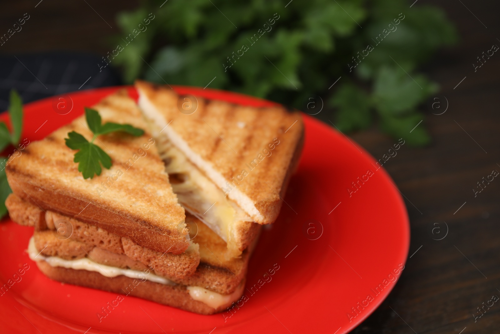 Photo of Pieces of toasted bread with melted cheese and parsley on wooden table, closeup