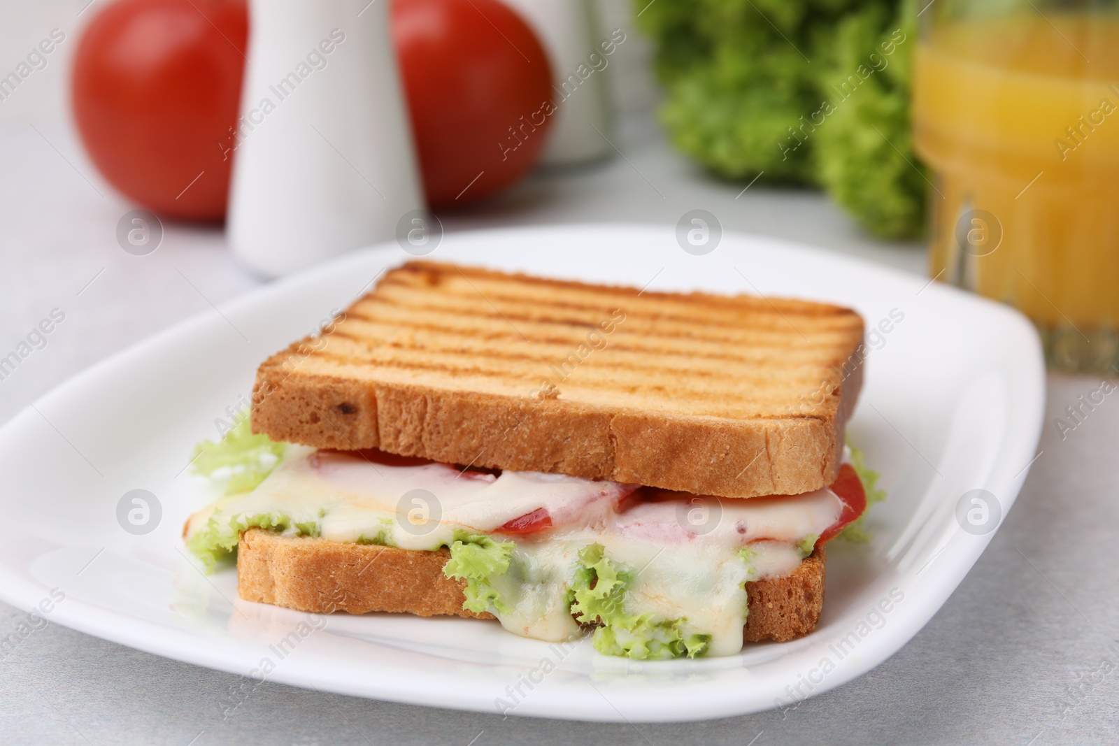 Photo of Tasty toasted bread with melted cheese, tomato and lettuce on light table, closeup