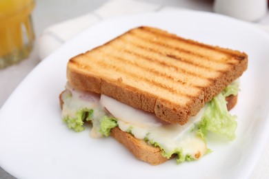 Tasty toasted bread with melted cheese and lettuce on table, closeup