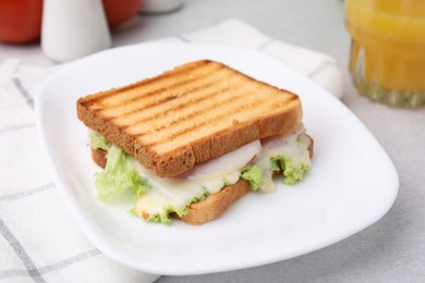 Photo of Tasty toasted bread with melted cheese and lettuce on light table