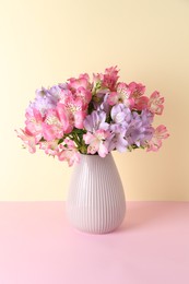 Photo of Beautiful alstroemeria flowers in vase on color background