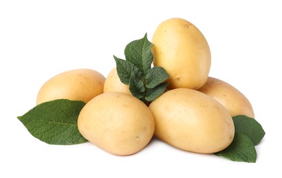 Fresh raw potatoes and green leaves isolated on white