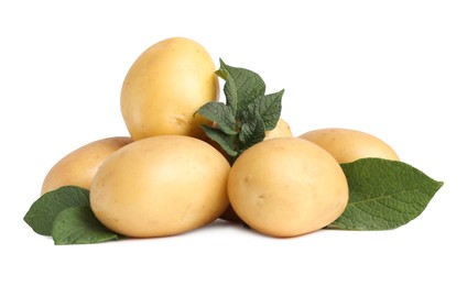 Photo of Fresh raw potatoes and green leaves isolated on white