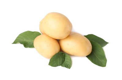 Photo of Fresh raw potatoes and green leaves isolated on white