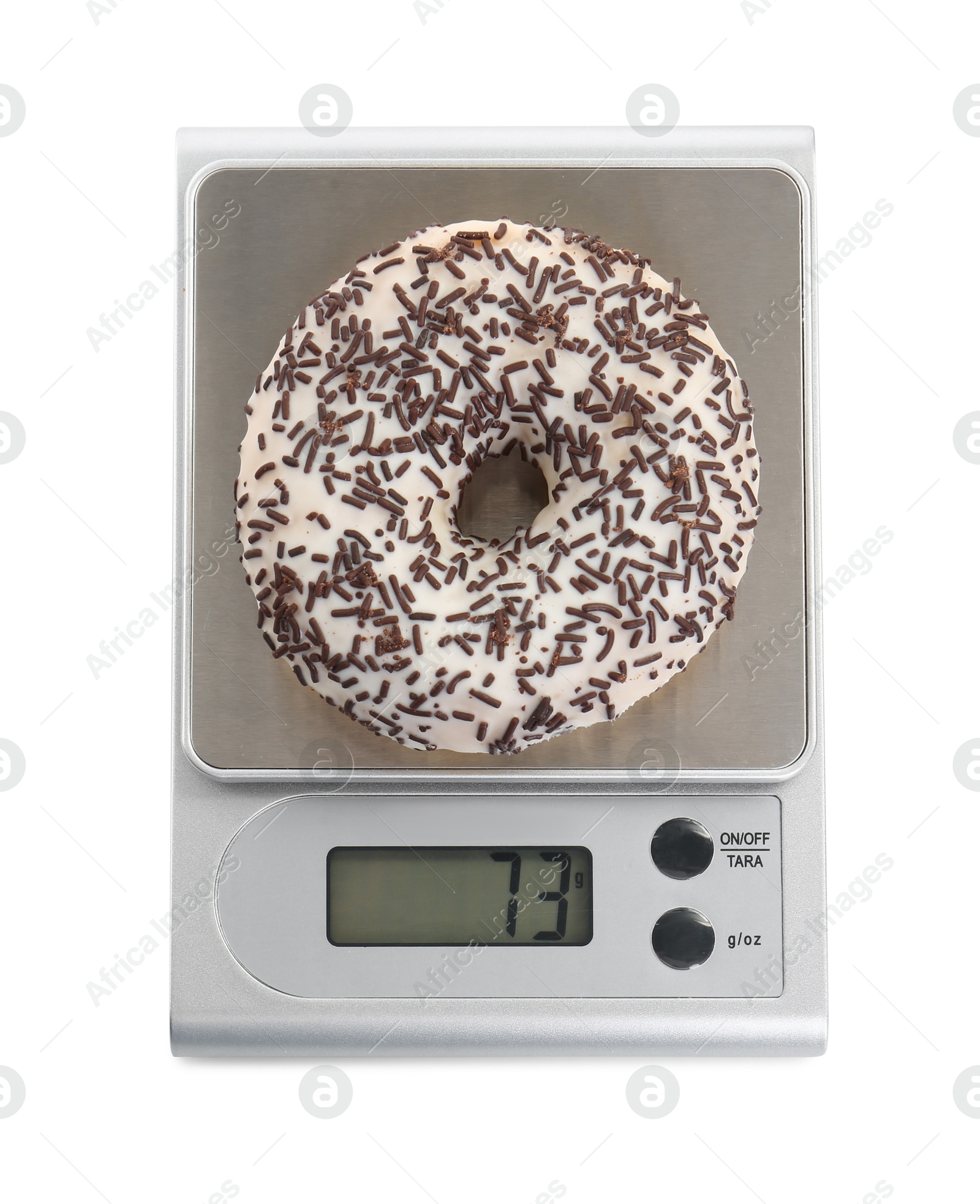 Photo of Kitchen scale with donut isolated on white, top view