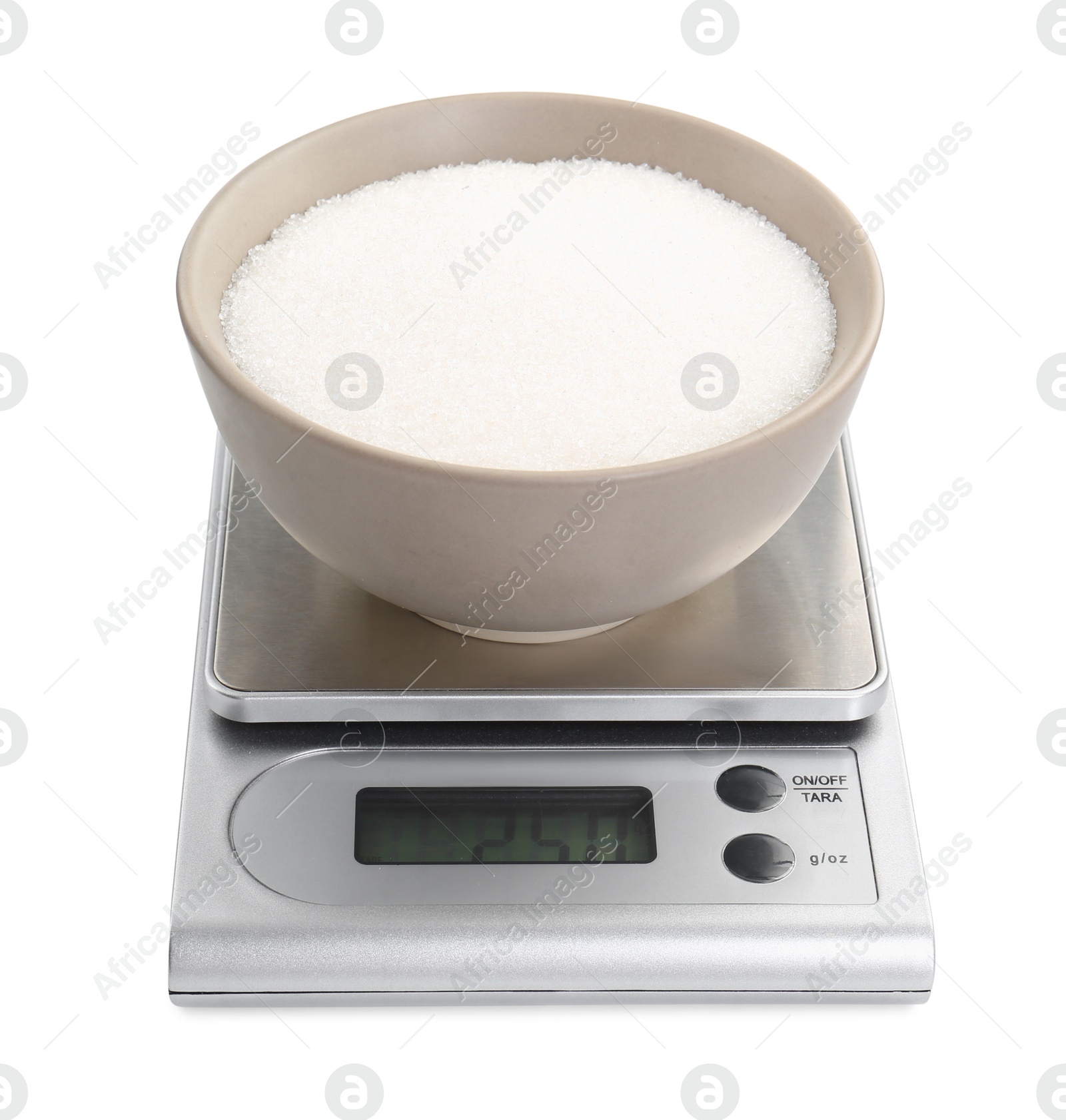 Photo of Kitchen scale with bowl of sugar isolated on white