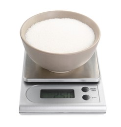 Photo of Kitchen scale with bowl of sugar isolated on white