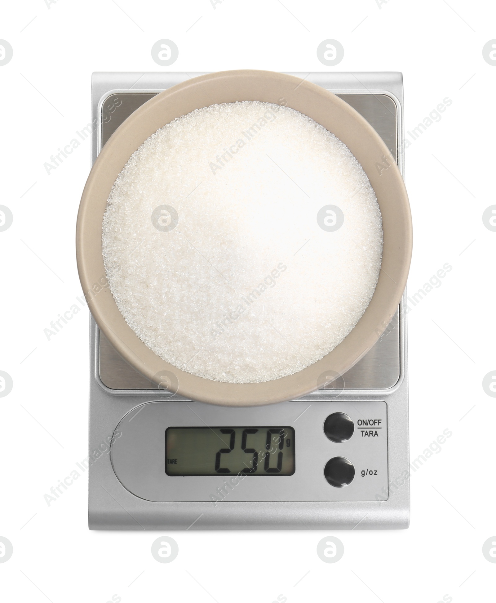 Photo of Kitchen scale with bowl of sugar isolated on white, top view