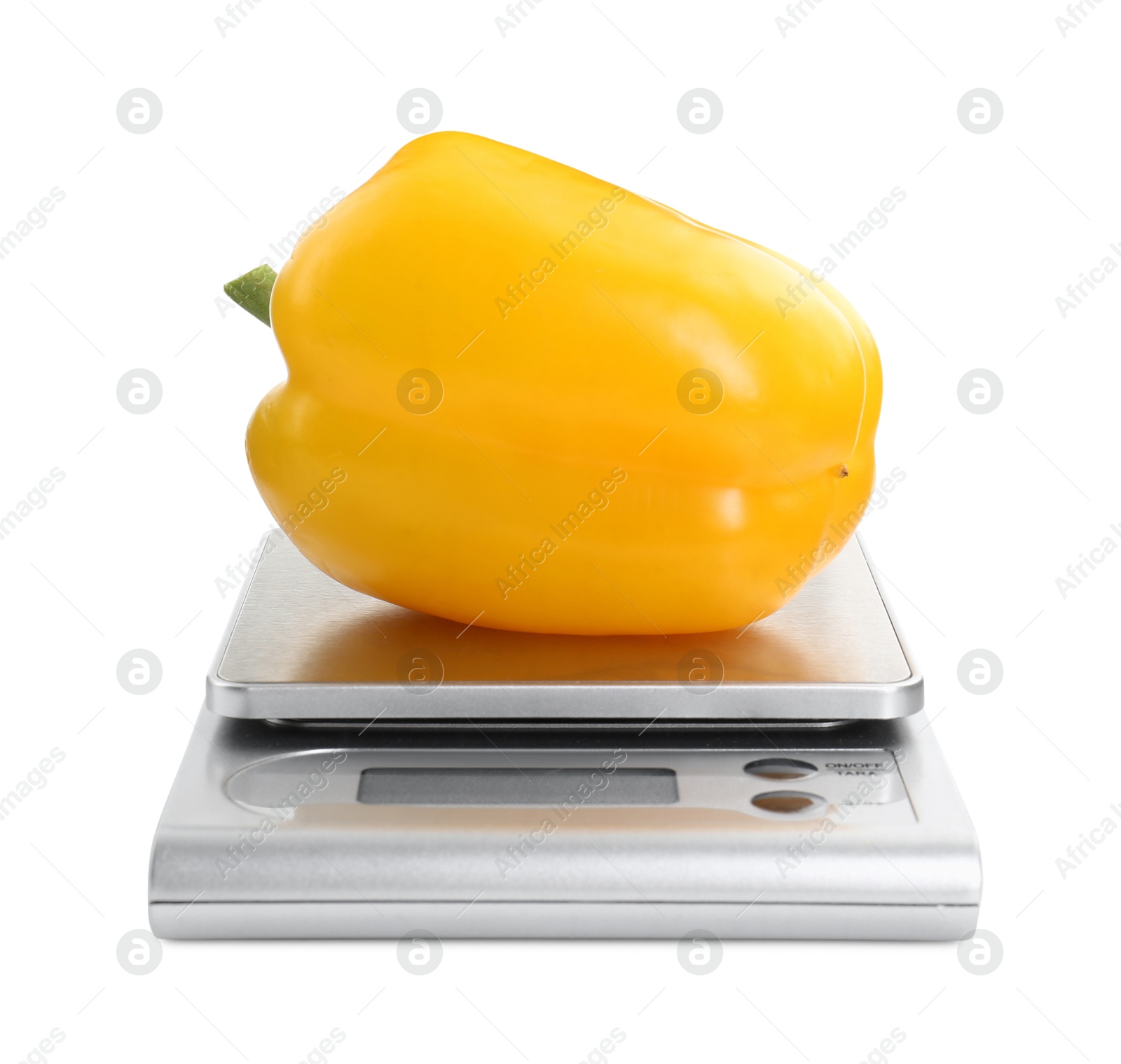 Photo of Kitchen scale with bell pepper isolated on white