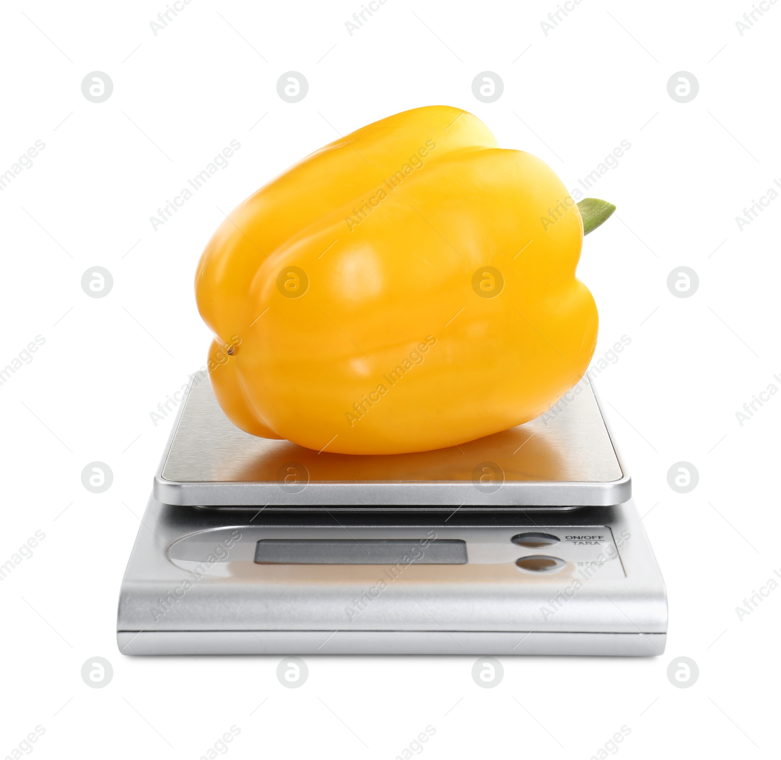 Photo of Kitchen scale with bell pepper isolated on white