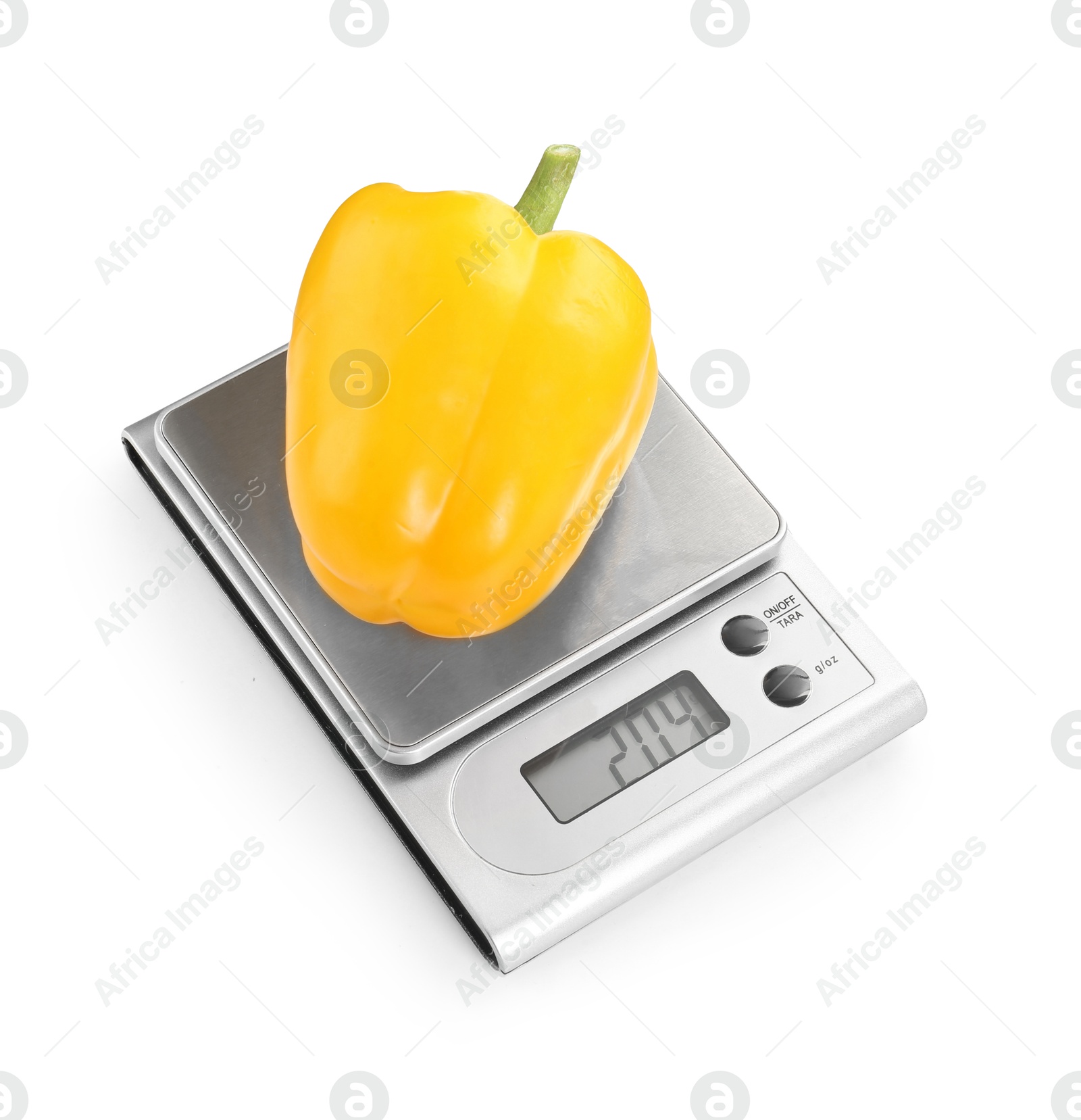 Photo of Kitchen scale with bell pepper isolated on white