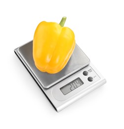 Photo of Kitchen scale with bell pepper isolated on white